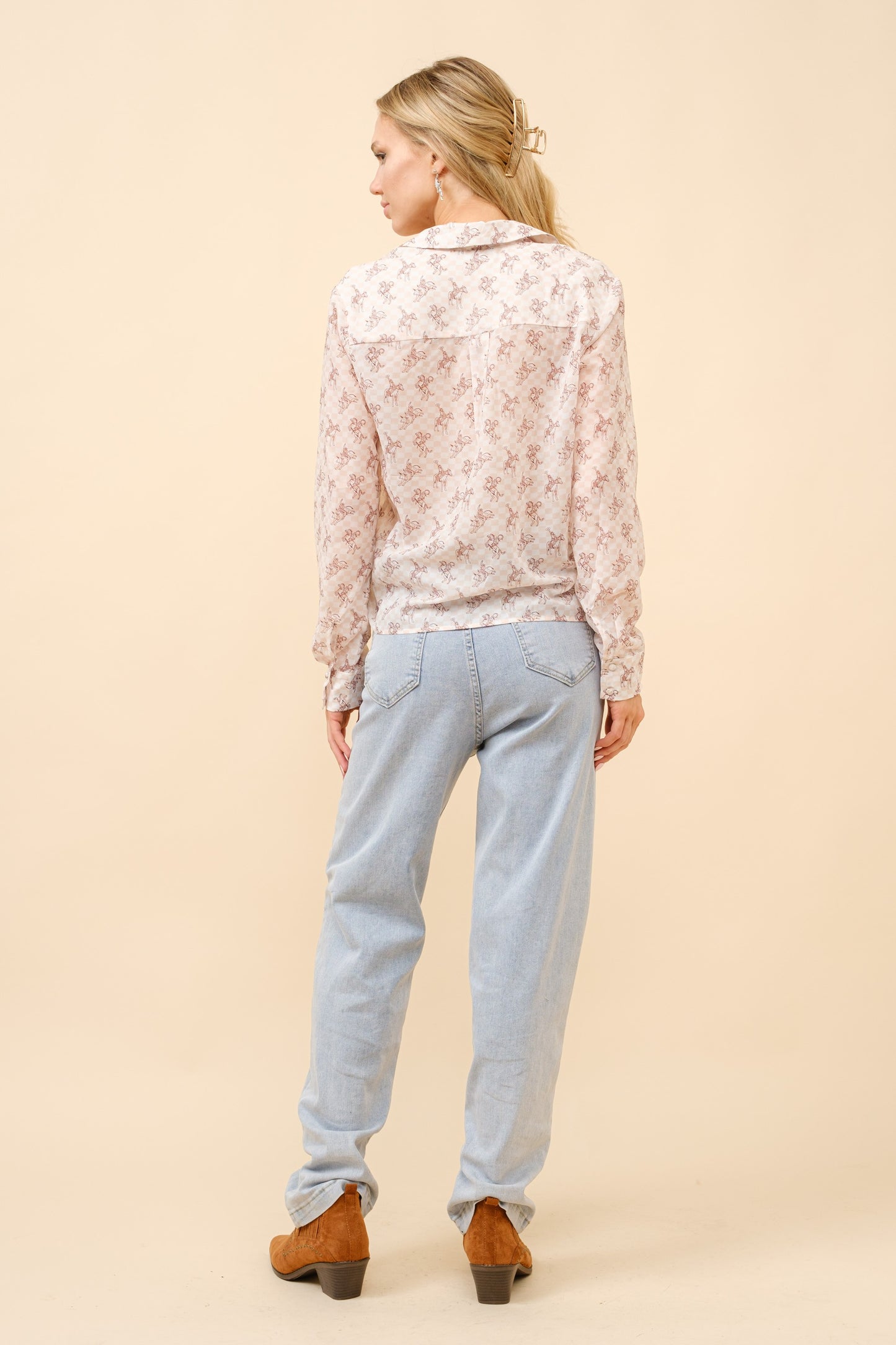 Ivory Chiffon Western Print Blouse