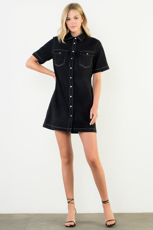 Black Short Sleeve Suede Feel Dress