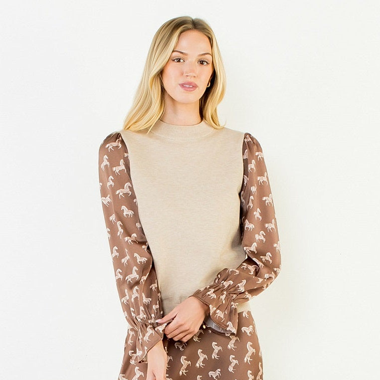 Horse Print Sleeve Top- Beige