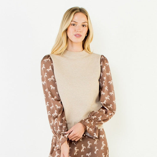 Horse Print Sleeve Top- Beige
