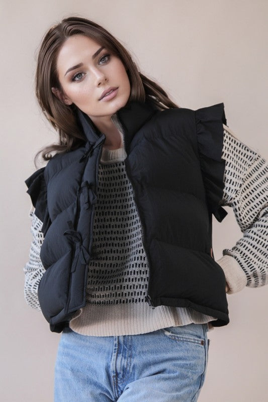 Black Front Bow Puffer Vest