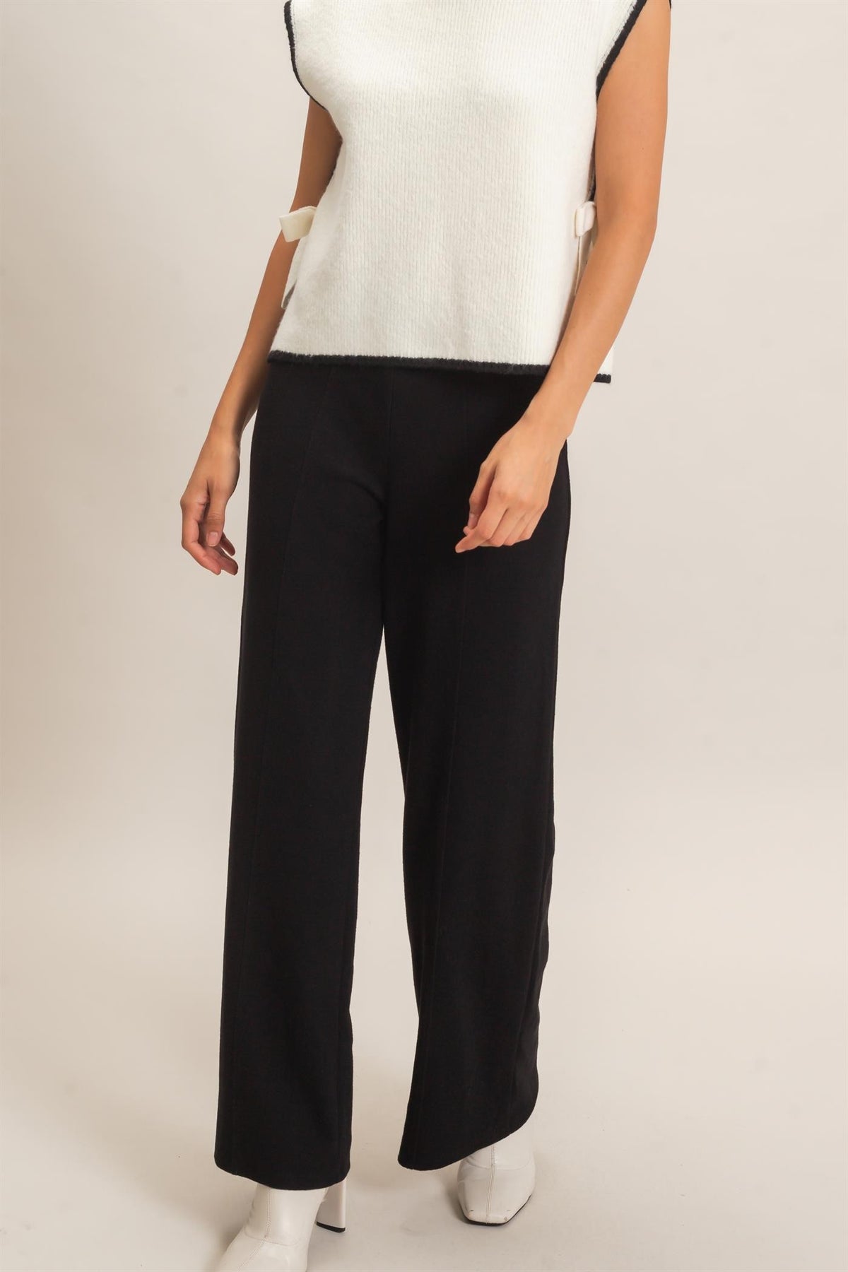 Black Seamed Wide-leg Knit Pants