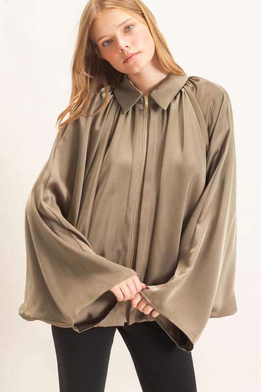 Dark Olive Satin Ballon Jacket