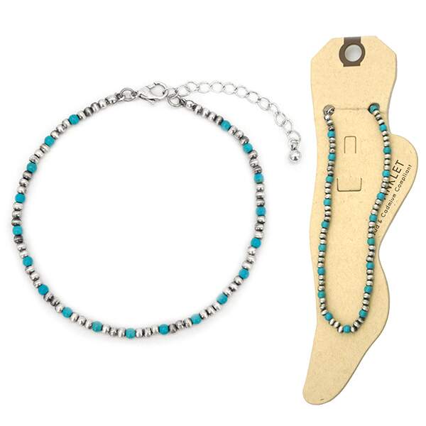 Turquoise & Silver Beaded Anklet