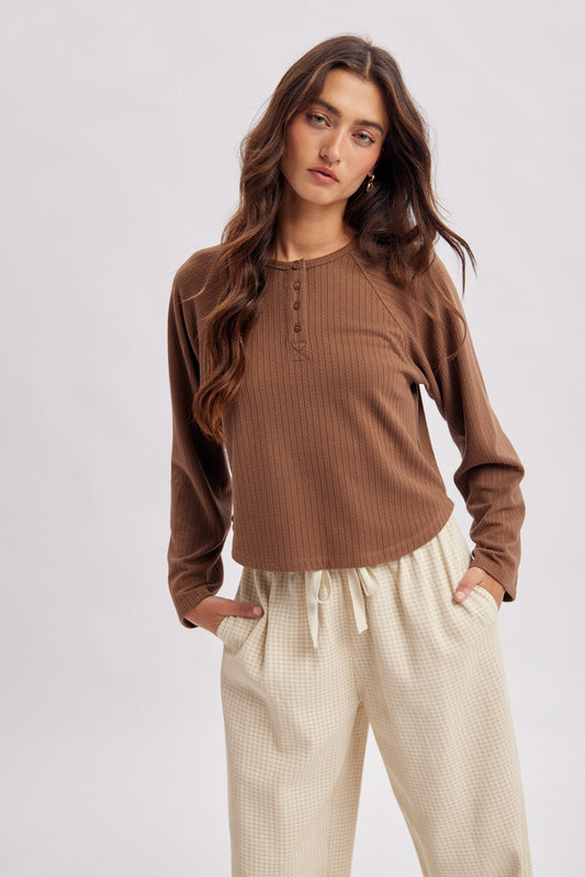 Chocolate Ribbed Henley Top