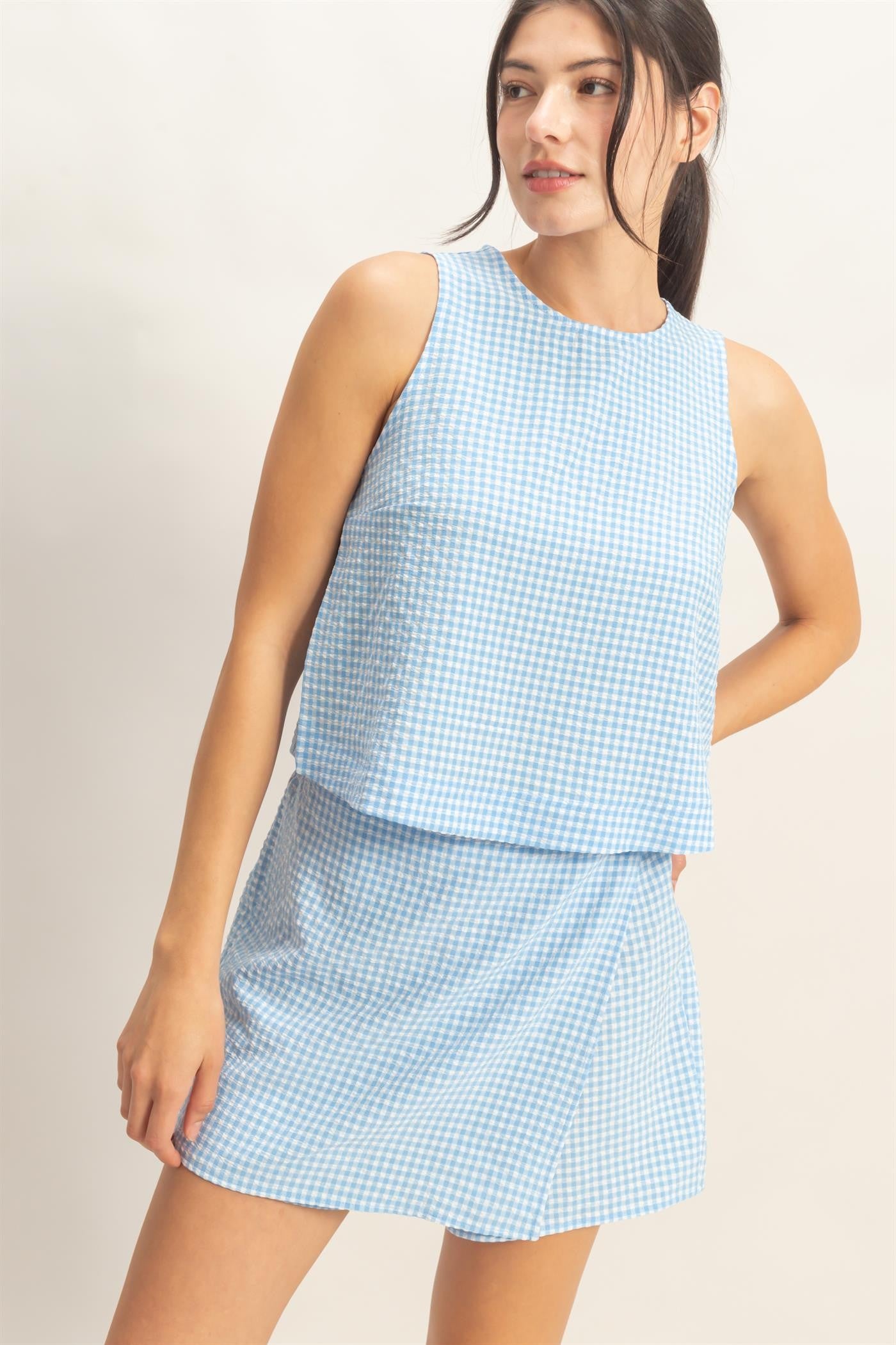 Blue Gingham Sleeveless Top & Skort Set
