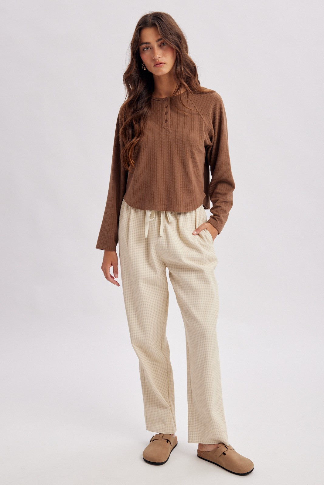 Chocolate Ribbed Henley Top