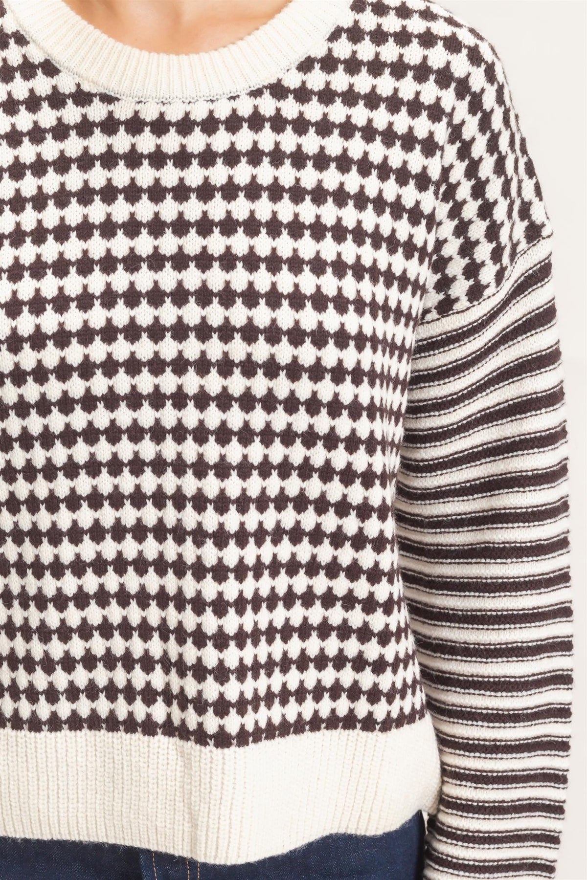 Brown Mixed Pattern Long Sleeve Sweater