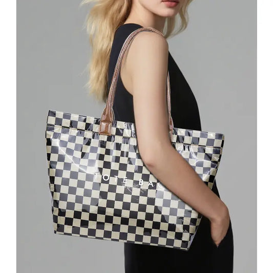Zipper Checkered Tote Bag Waterproof Beach Tote Bag