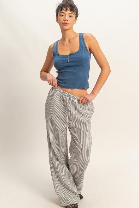 Striped Wide Leg Pants- Black
