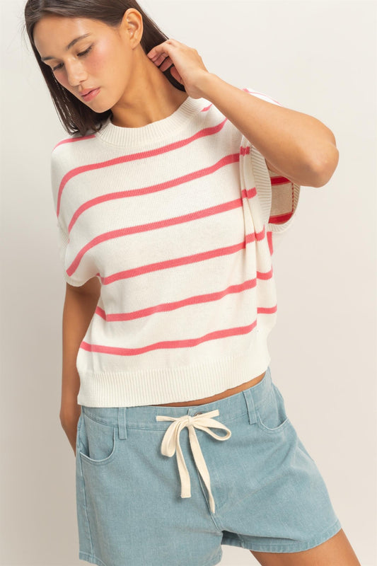 Taffy Pink Striped Crew Neck Knit Top