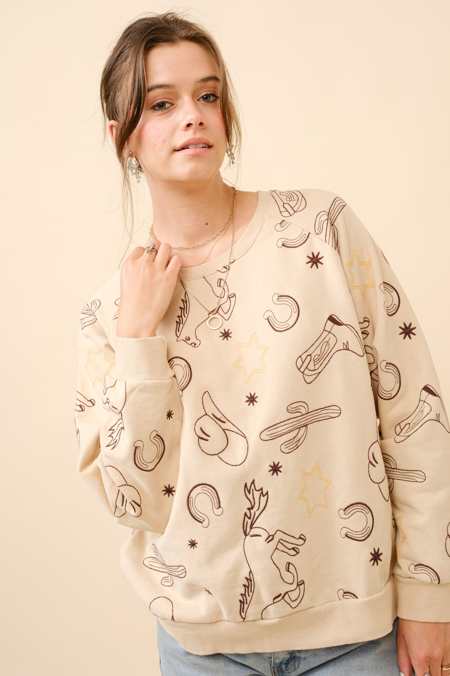 Western Embroidered Pullover Sweatshirt