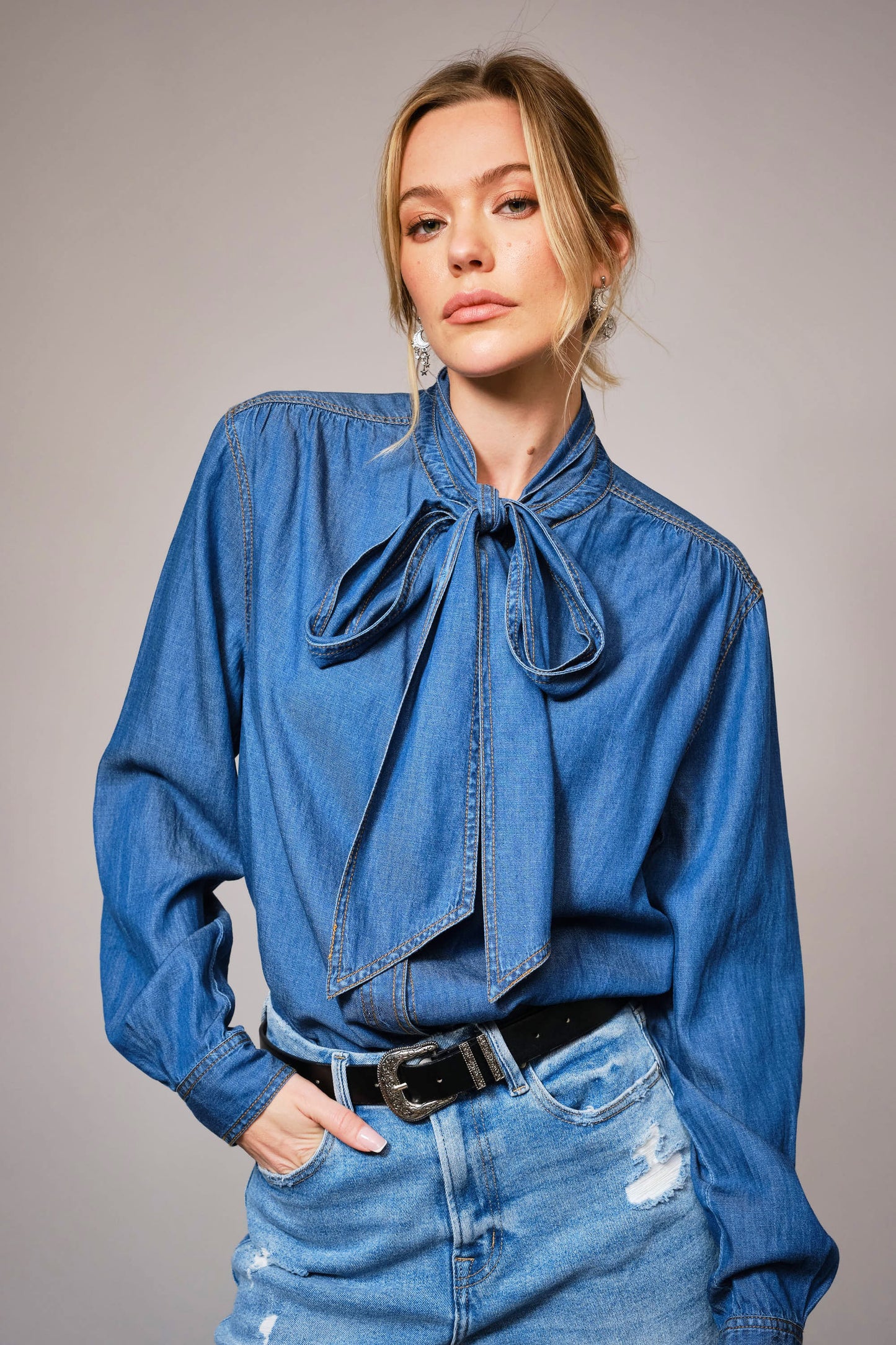 Tie Neck Dark Chambray Top
