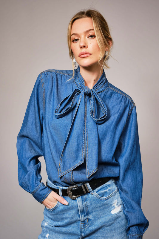 Tie Neck Dark Chambray Top