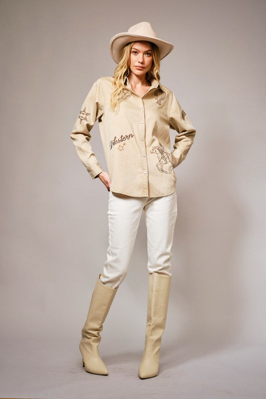 Washed Taupe Western Embroidered Snap Button Top