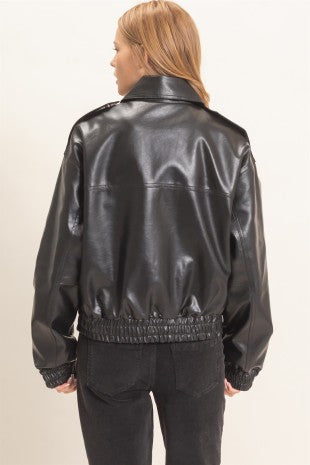 Faux Leather Collared Bomber Jacket