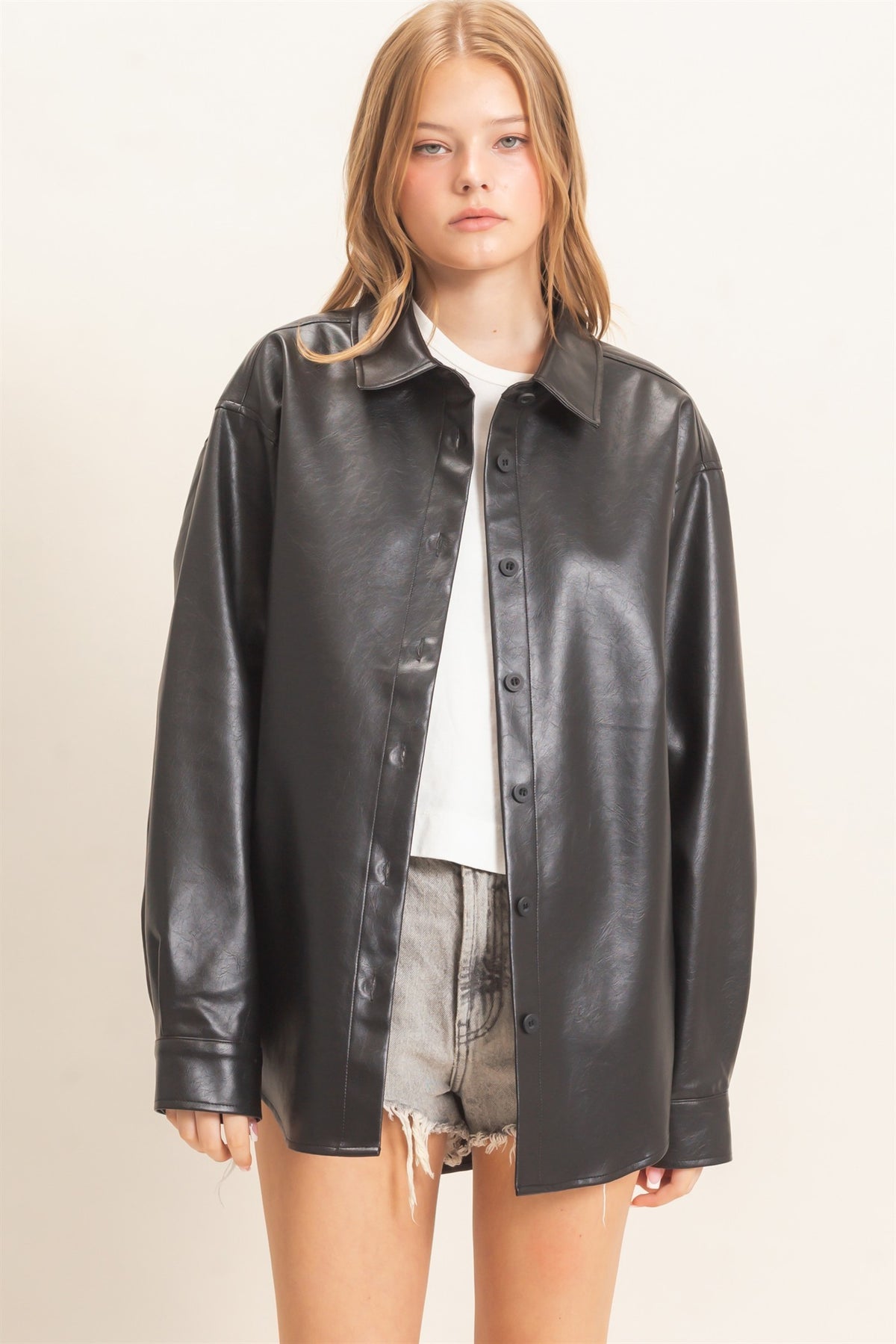 Faux Leather Button-Down Shirt- Black
