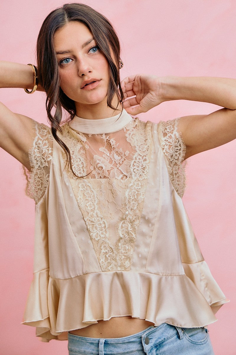 Satin Lace Trim Mock Neck Top