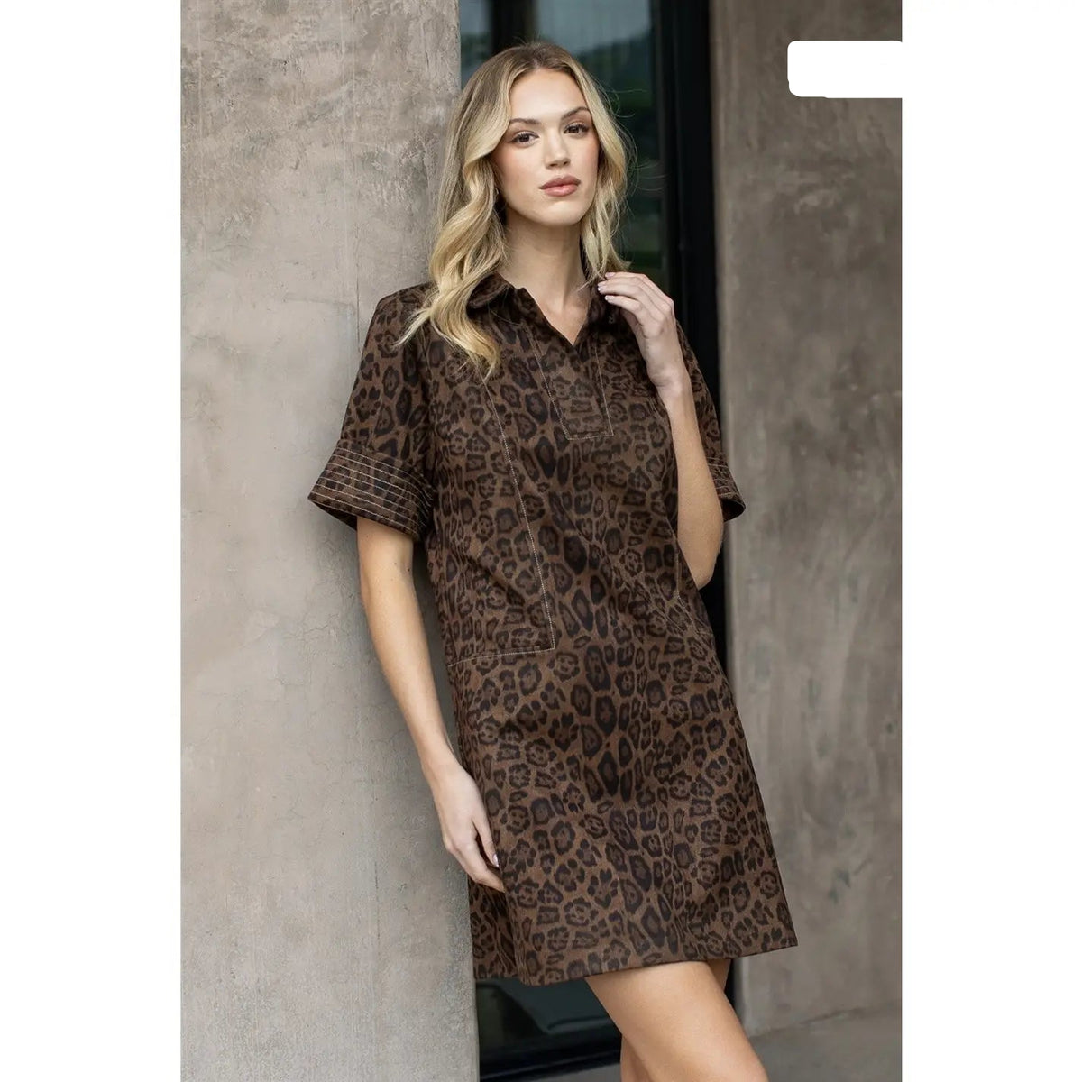 Suede Leopard Print Dress With Collar Detail