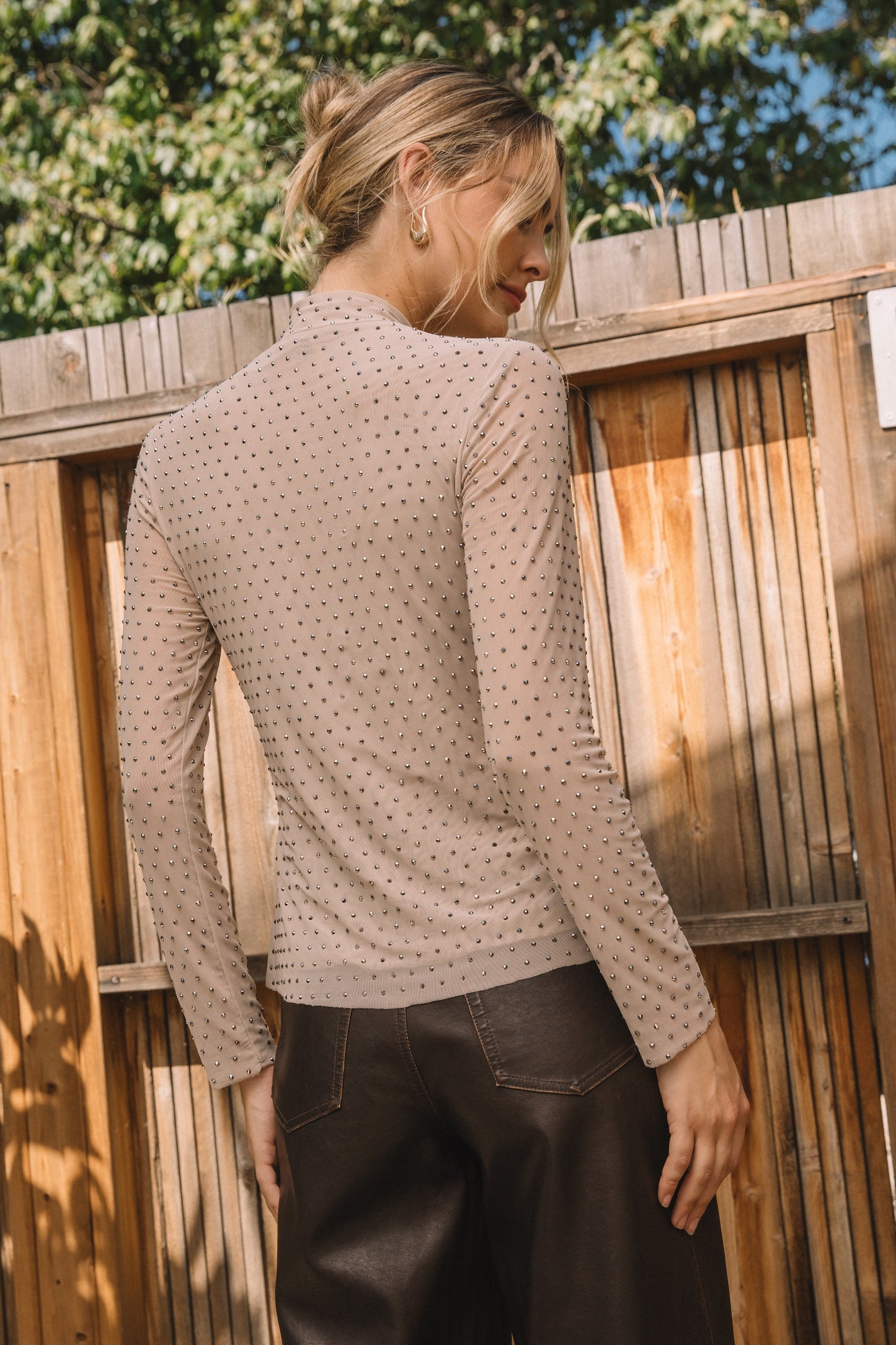 Light Beige Embellished Mesh Top