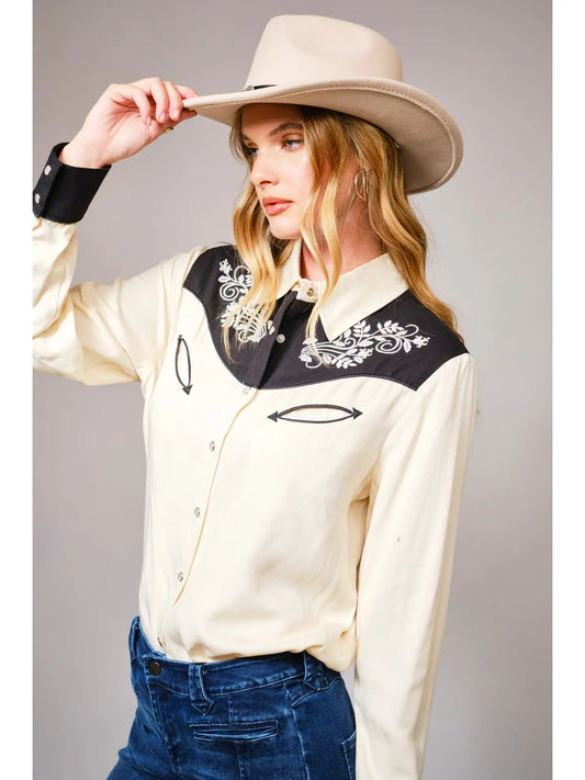 Cream & Black Yoke Floral Embroidered Top