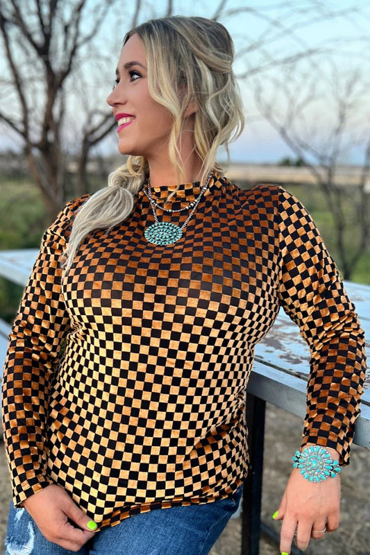 Pep Rally Checkered Velvet Mesh Top