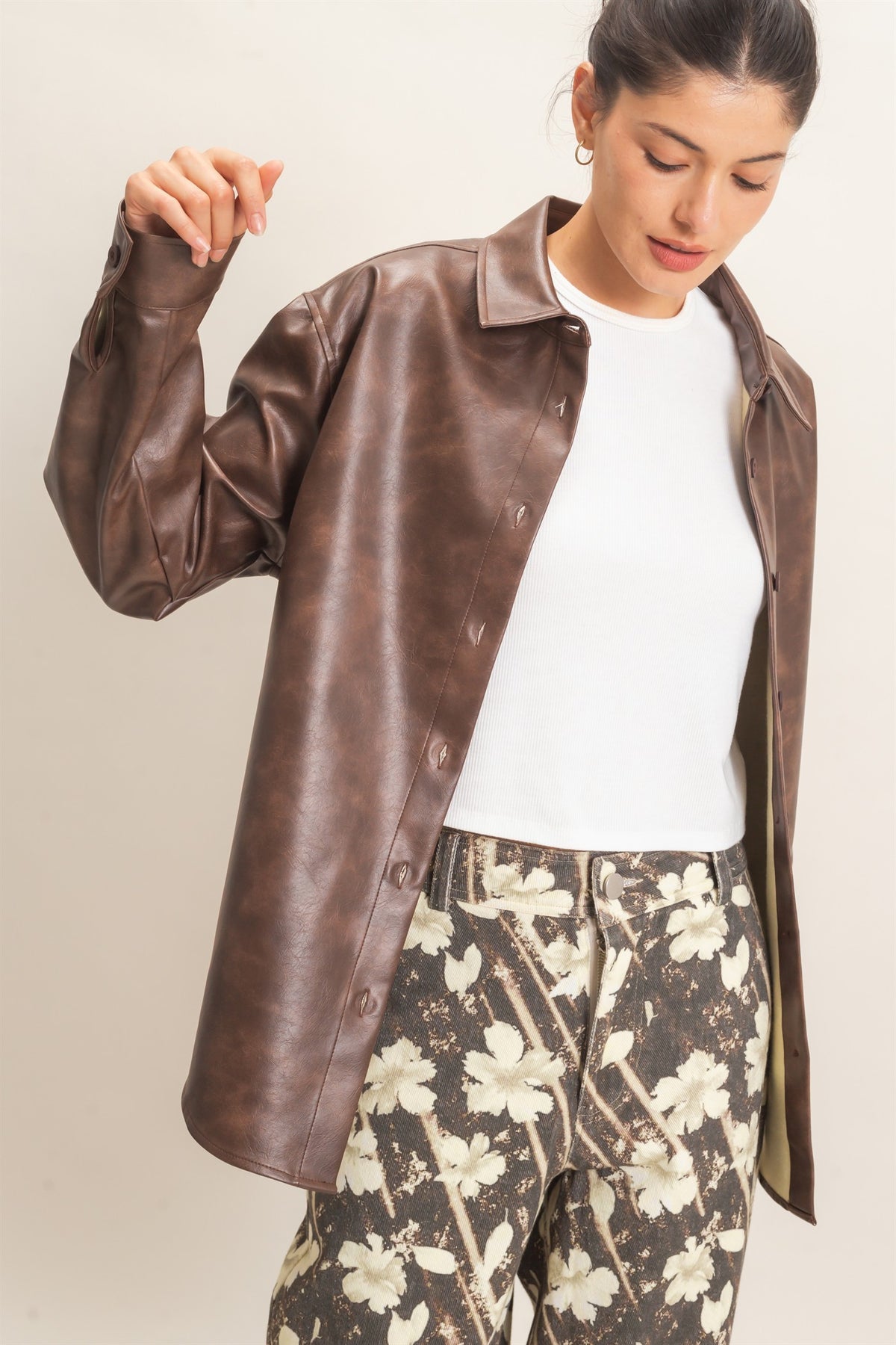 Faux Leather Button-Down Shirt- Brown