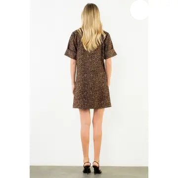 Suede Leopard Print Dress With Collar Detail