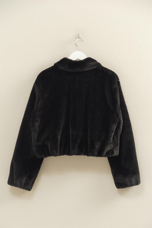 Black Faux Fur Collared Zip Up Jacket
