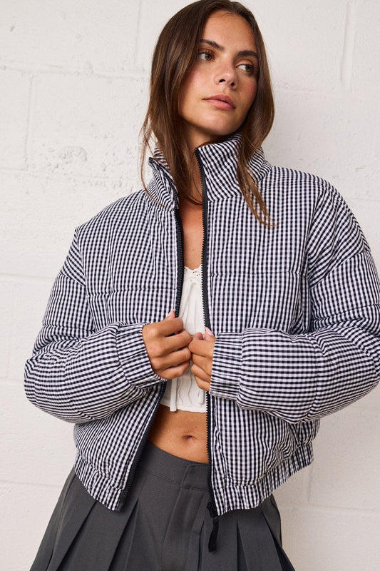 Gingham Zip Up Puffer Jacket- Black