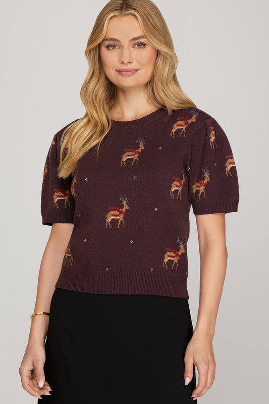 Wine Puff Sleeve Reindeer Sweater