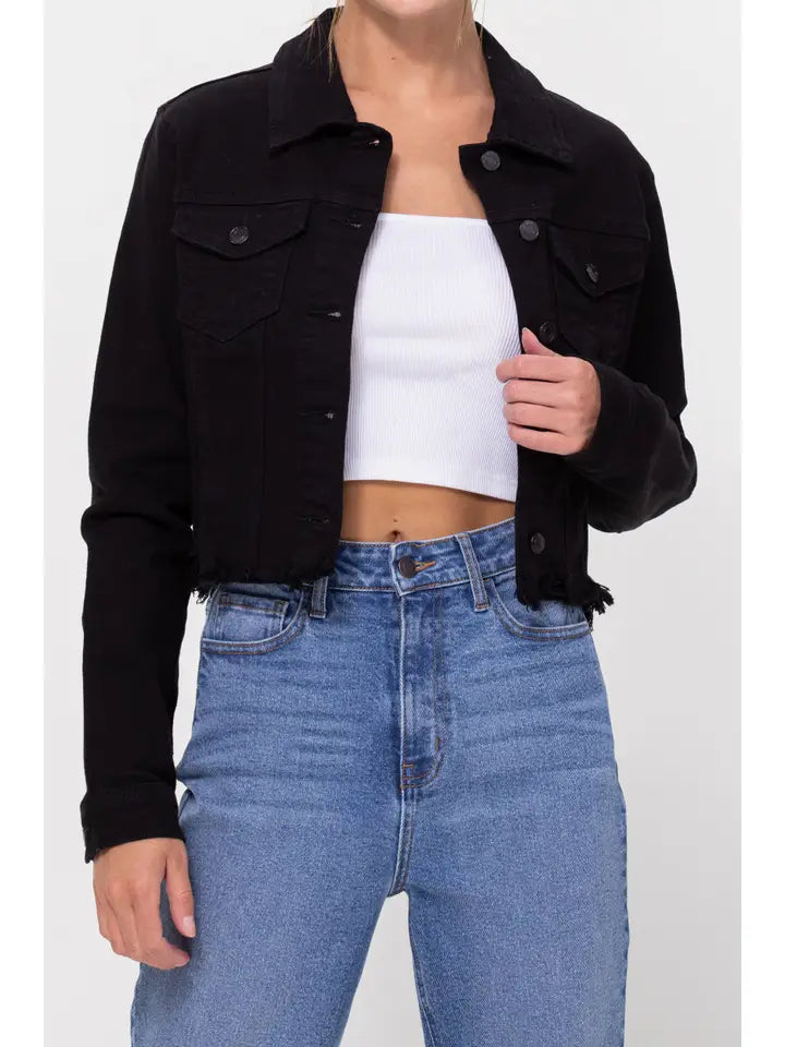 Cropped Black Wash Frayed Jacket