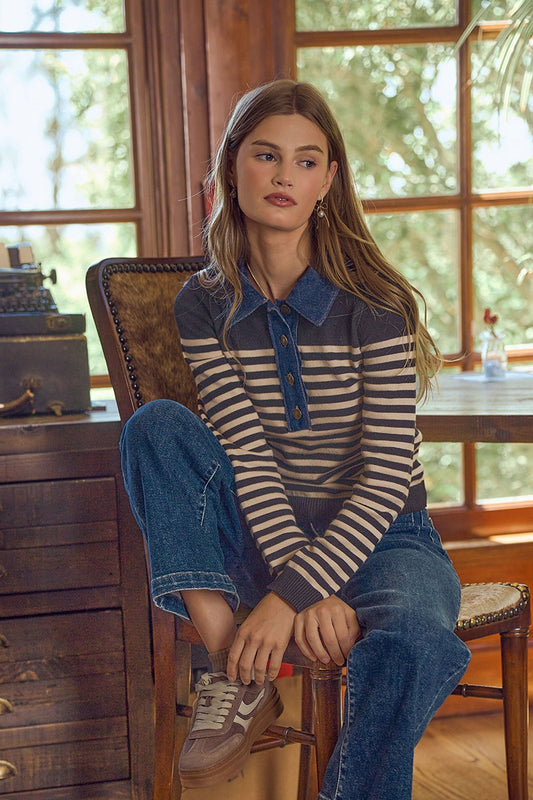 Denim Contrasting Collared Stripe  Sweater