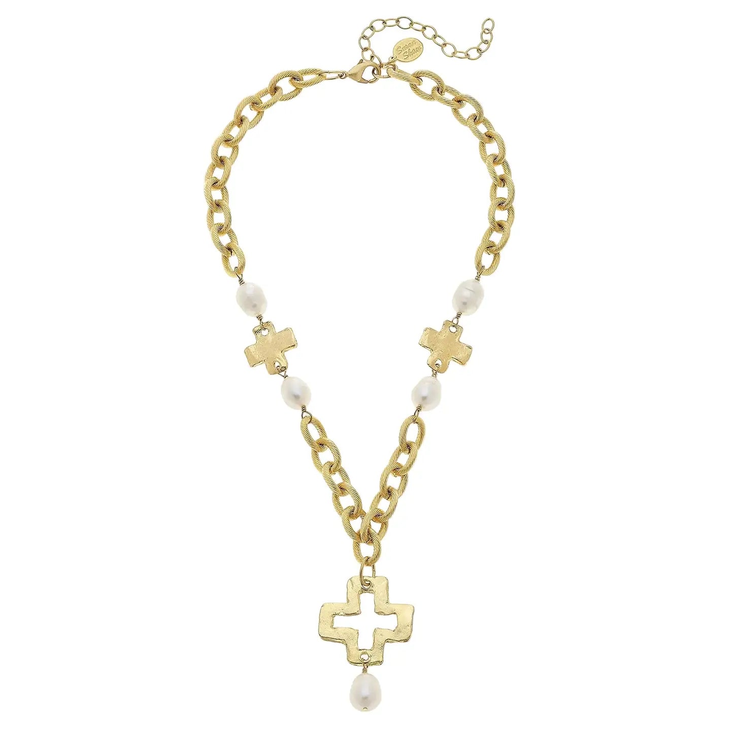 Susan Shaw Cross & Pearl Chain Drop Necklace