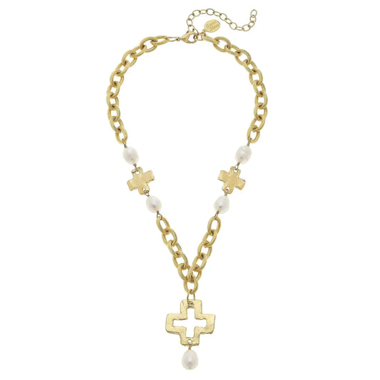 Susan Shaw Cross & Pearl Chain Drop Necklace