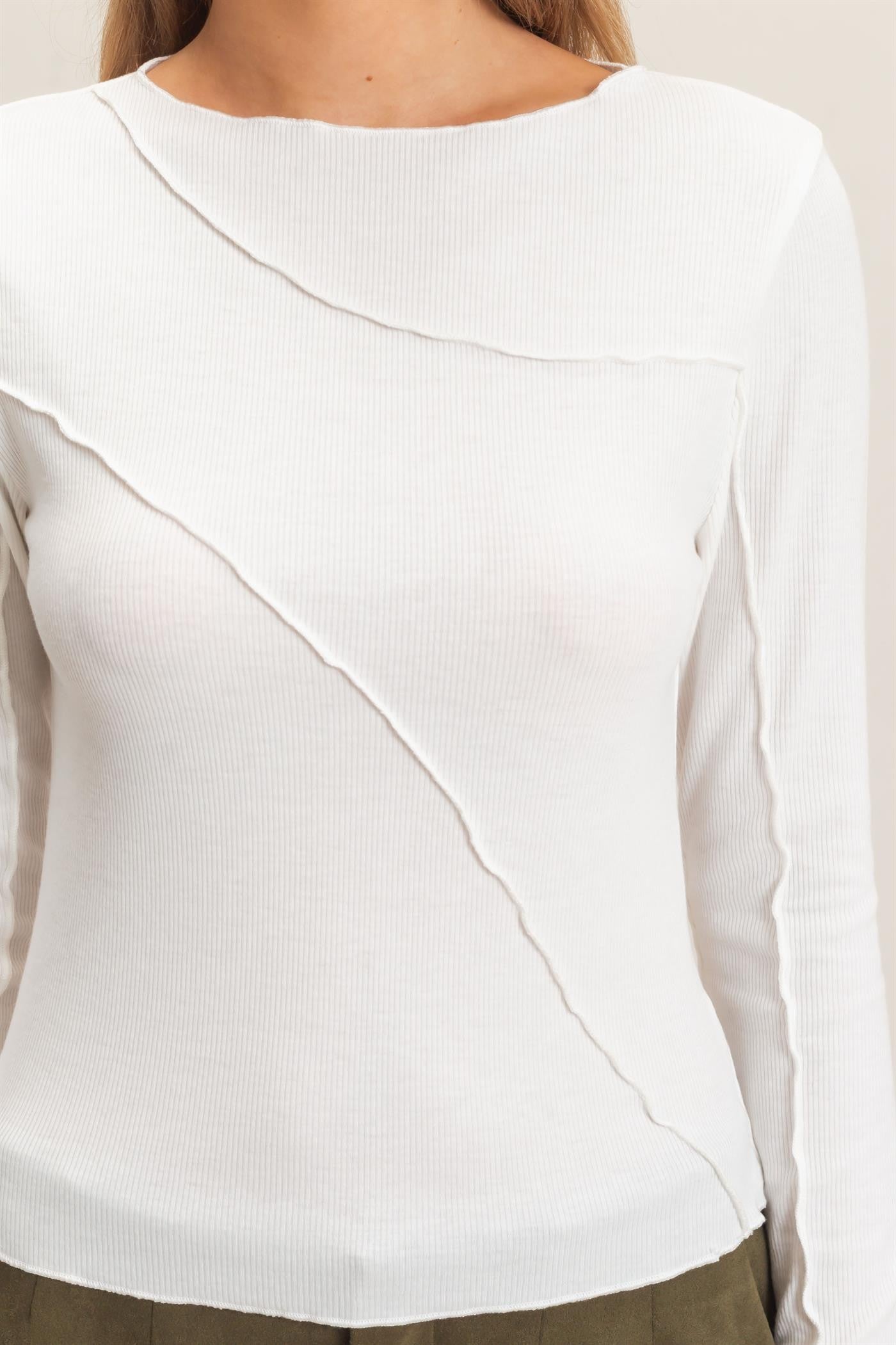 White Ruffled Ribbed Long Sleeve Top