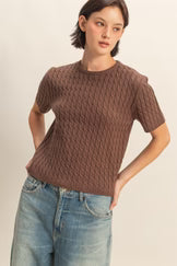 Chestnut Cable Knit Short Sleeve Sweater