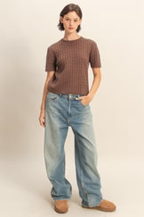 Chestnut Cable Knit Short Sleeve Sweater