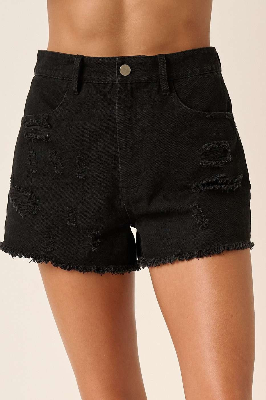 Black Denim Frayed Shorts