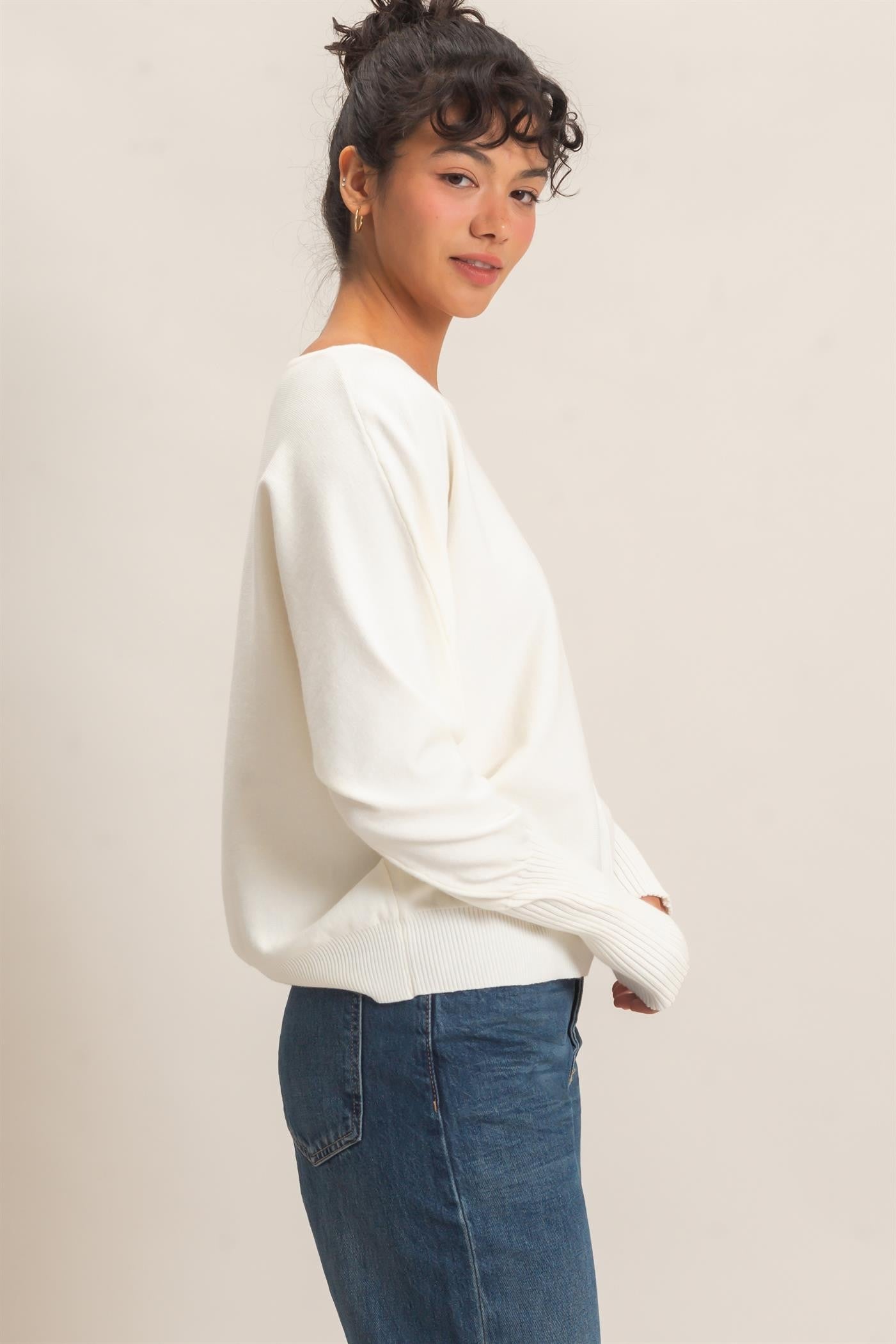White Batwing Center Seam Sweater
