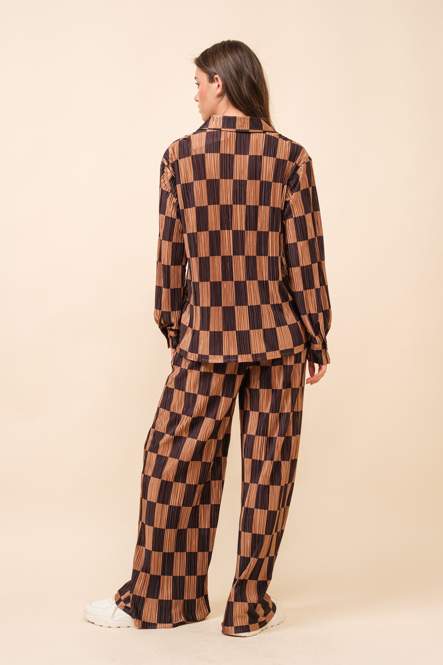 Plisse Pleated Checkered Pant Set