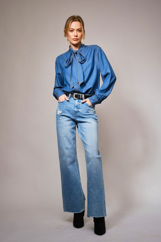 Tie Neck Dark Chambray Top