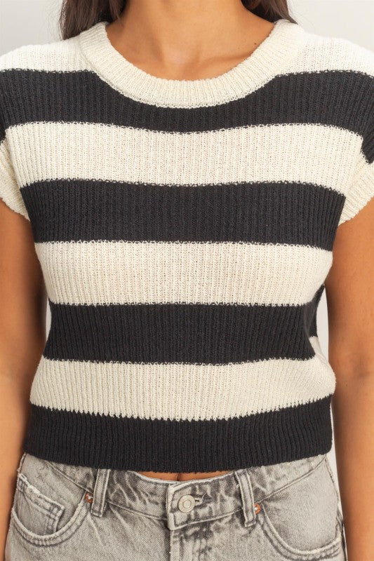 Black Striped Ribbed Knit Top