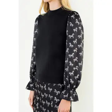 Horse Print Sleeve Top- Black