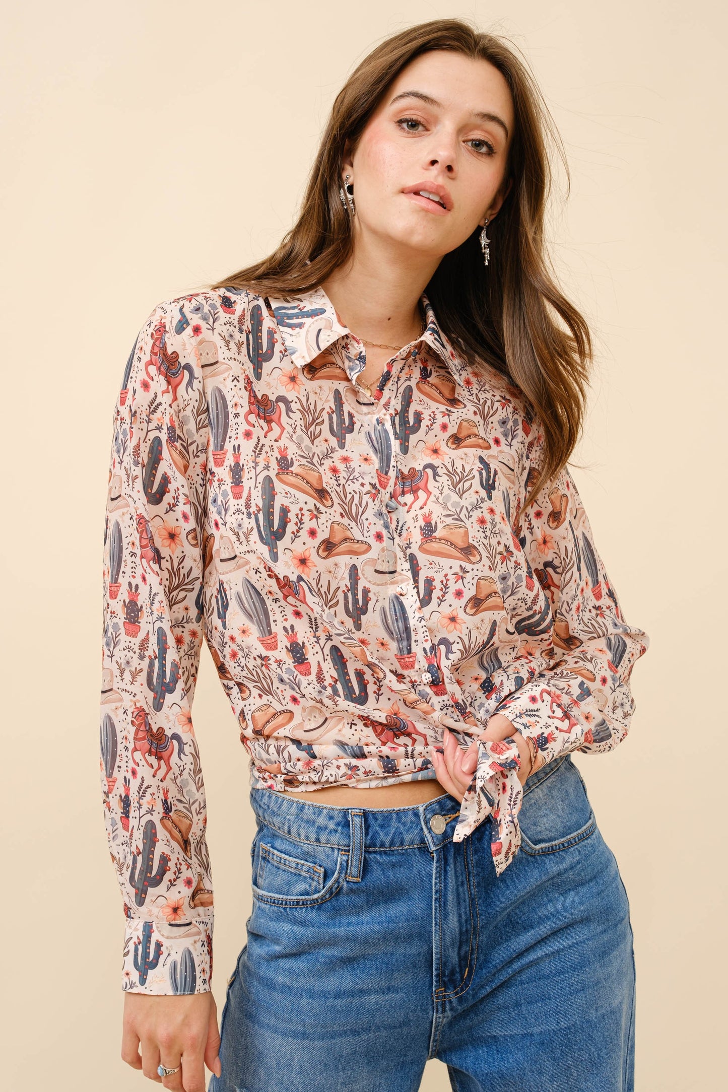 Beige Western Print Chiffon Button Up Top