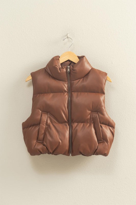 Chestnut Faux Leather Puffer Vest