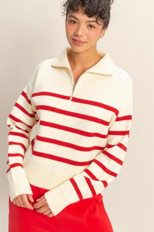 Cream & Red Striped Half Zip Sweater