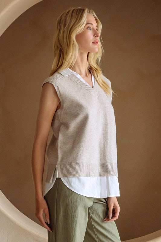 Beige & Cream Mixed Media Shirt Vest