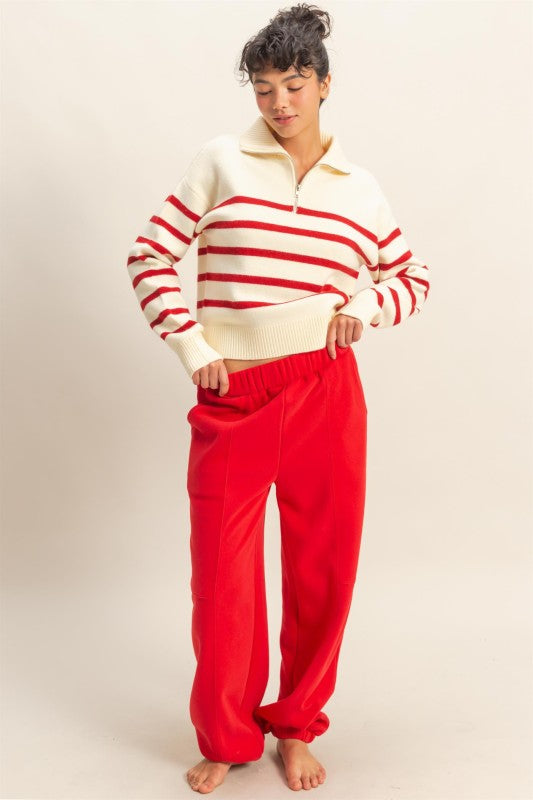 Cream & Red Striped Half Zip Sweater