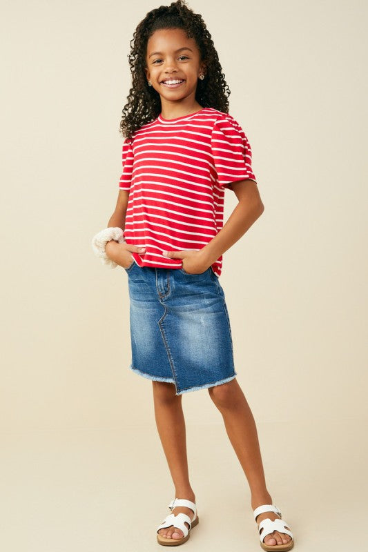 Girls Crimson Puff Sleeve Stripe Top